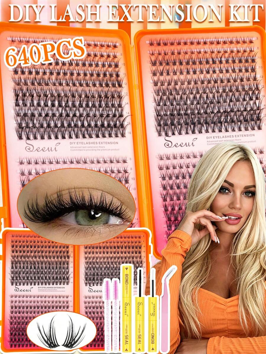 640pcs DIY Individual Lashes, Soft & Comfortable, Wispy Soft Daily Cluster Lashes With Lash Bond And Seal, Lash Tweezers, Brush, Thin And Lightweight, Easy For Professionals And Beginners, Convenient For Home Use, Lashes, Eyelashes, Lash Clusters - Black - View 1