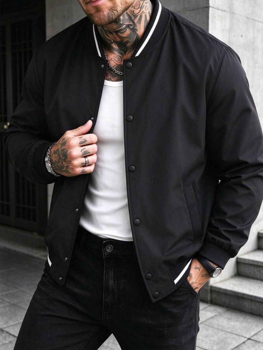 男士戶外休閒夾克,美式拼接棒球領,中性輕量奢華開襟外套 - 黑色 - 查看 1