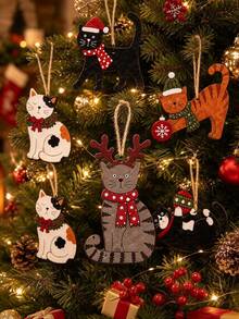 2D Flat 2Dflat 6pcs Acrylic Cat Christmas Tree Hanging Ornaments, Cat Hanging Ornament Set With Hanging Rope, Holiday Decor, Suitable For Christmas Tree, Home And Kitchen Supplies, Christmas Decoration - A - View 3
