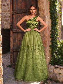 Mgiacy, New Arrival, Asymmetrical One-Shoulder Satin Pleated Colorblock Embroidered Lace Elegant Evening Gown, Suitable For Ball And Wedding Guest - Green - View 2