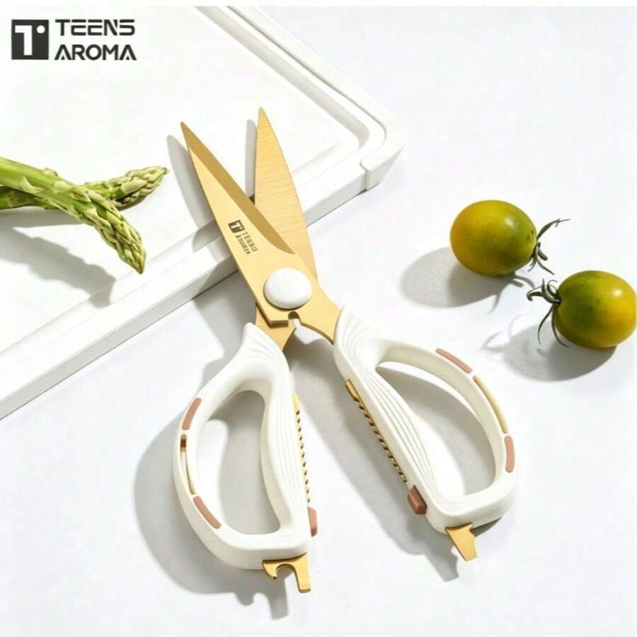 Random Color Style Multifunctional Heavy Duty Kitchen Scissors, Sharp Serrated Steel Kitchen Shears With Nut Cracker & Bottle Opener, Great For Poultry, Meat, Vegetables, Seafood, BBQ, Camping, Home & Restaurant Prep, Kitchen Gadget Gift, Halloween Christmas - Gold - View 1