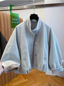 2025 New European Style Stand Collar Jacket For Women, Loose Casual Striped Lining Short Windbreaker Outerwear Spring - Light Blue - View 8
