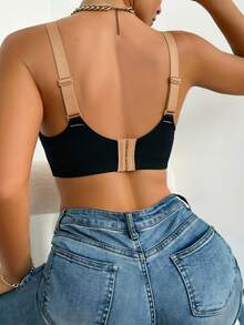 Seamless Bra Deep V Wireless Bralette Breathable Mesh Contrast Straps Adjustable Back Closure Casual Comfortable Lingerie - Black - View 3