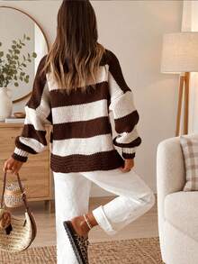 SEREN Autumn/Winter New Vintage Color-Block Wide Stripe Sweater Cardigan, Loose Casual Tie-Front Long Sleeve Knit Top, Suitable For Daily Wear - Multicolor - View 5