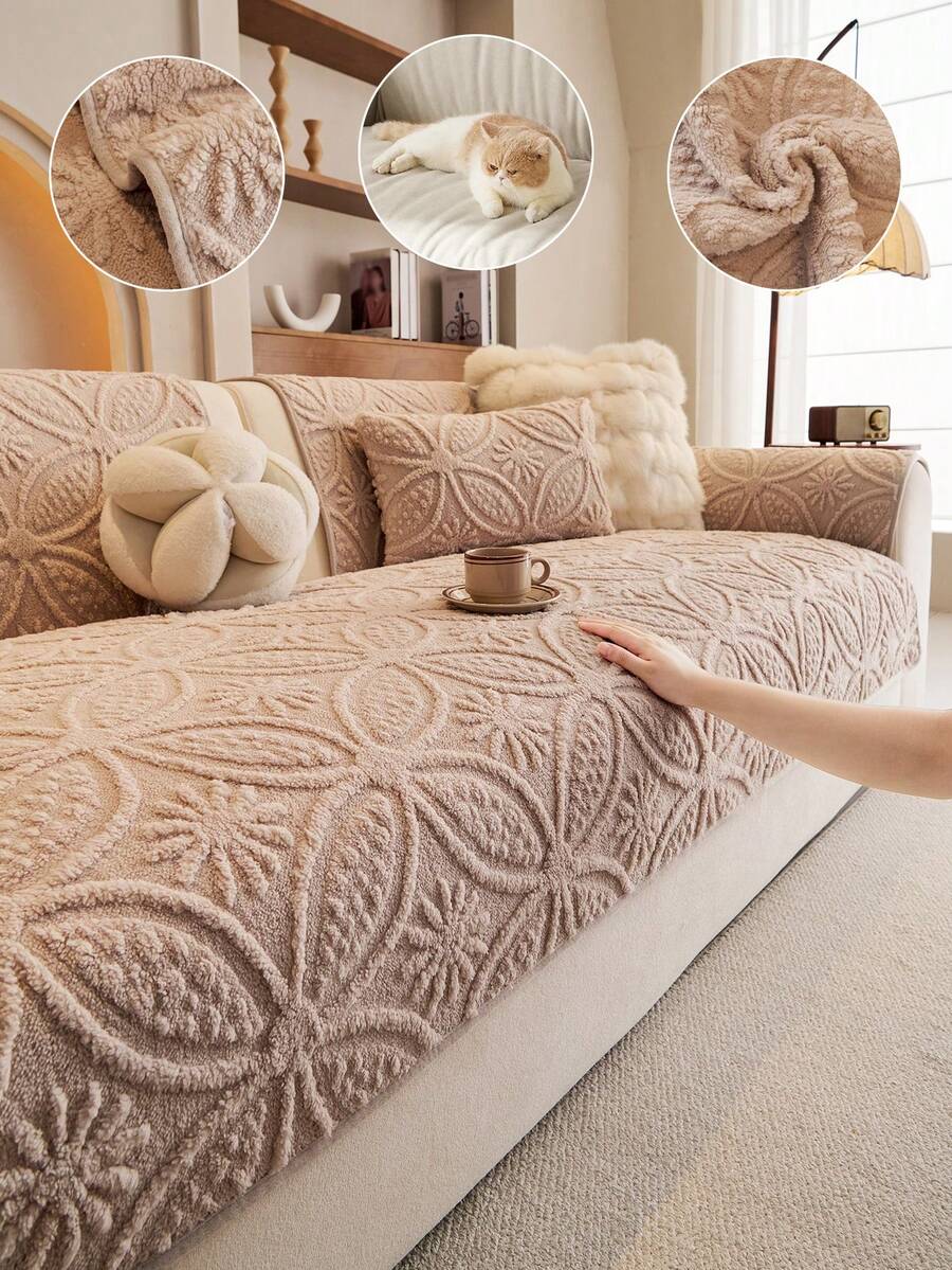 1PC 3D Floral Embossed Plush Sofa Cushion, Non Slip Thick Sherpa Couch Protector Mat, Pet Friendly Washable Sofa Slipcover For Living Room Home Decor - Khaki - View 1