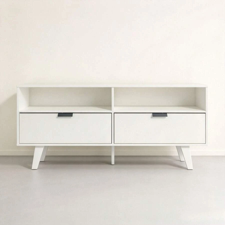 Mueble para TV Blanco Oslo, Rack para Pantalla de hasta 55 Pulgadas, 2 Puertas Abatibles, 3 Estantes Abiertos, Diseño Rectangular Contemporáneo en Madera de Ingeniería, para Sala de Estar y Almacenamiento Organizado - Blanco - Ver 1