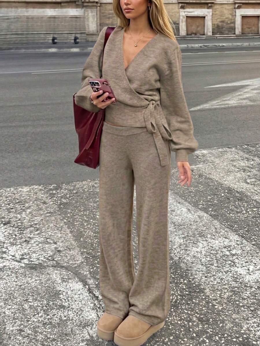 Women's Fashion Casual Sweater + Mid-Waist Pants 2pcs Set - Camel Brown - View 1