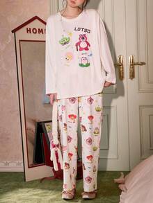 Gongdie Disney Women's Cartoon Print Long Sleeve Top And Pants Pajama Set - White - View 10