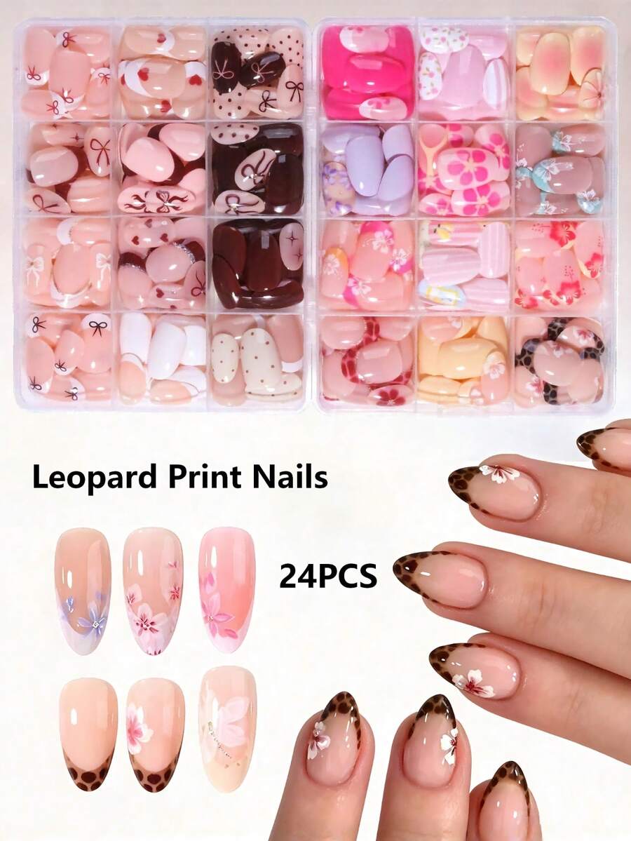 24pcs/Box (Single Style) Short Almond Shape Floral & Leopard Print Nail ...