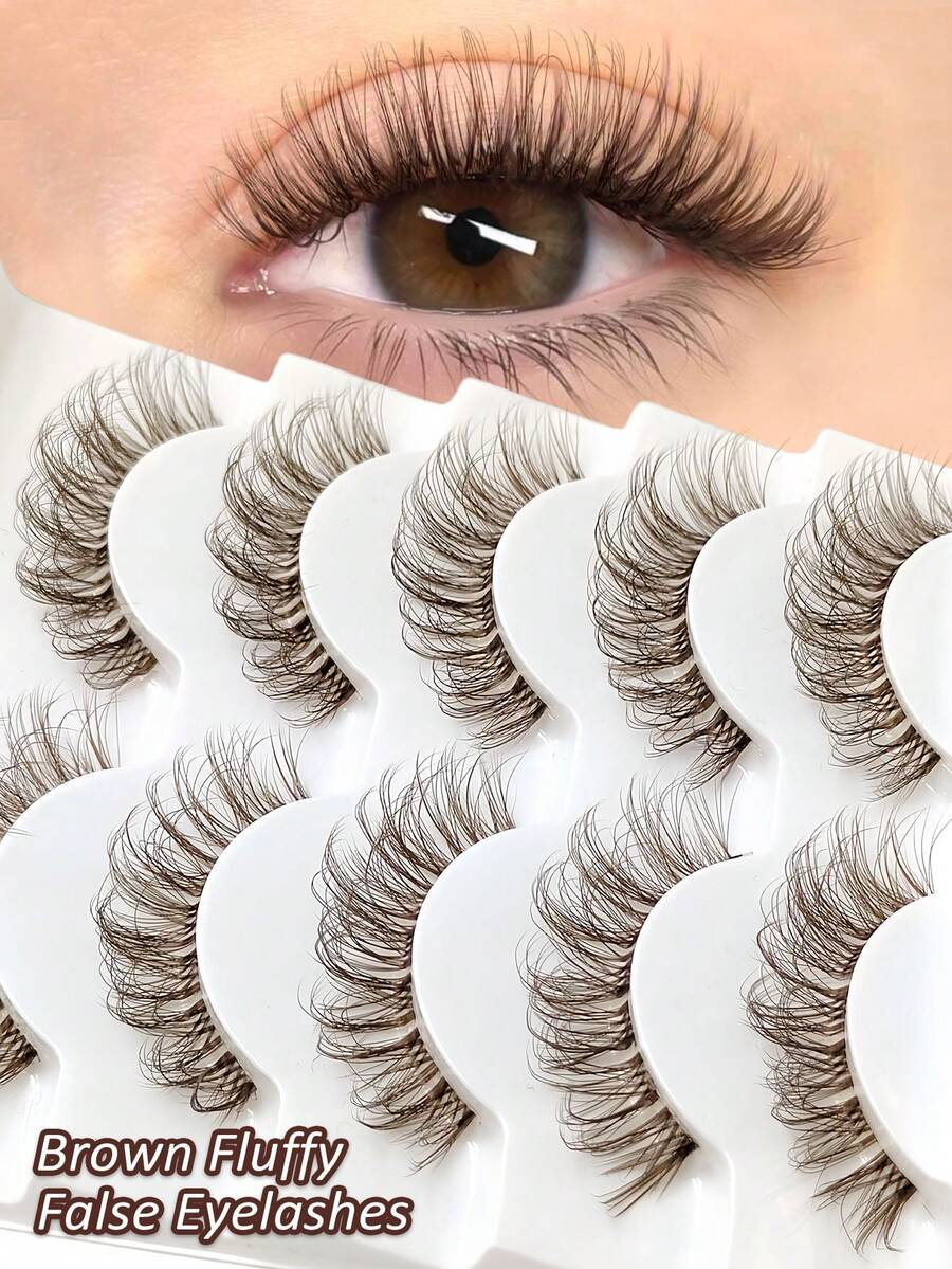 Asiteo 5 Pairs Fluffy Brown Lashes Natural Long Messy Wispy And Soft, Mocha Natural Look False Lashes,With Clear Band- Reusable For Used Daily Makeup Extension - Brown - View 1