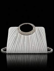 REMANLAND Shiny Rhinestone Handbag Evening Bag Shoulder Bag, Luxury New Women's Party Bag Pleated Ball Bag, Paired With Shiny Rhinestone Pendant Jewelry 3 Pieces Set, Rhinestone Pendant Necklace, Earrings, Bracelet, Suitable For Party, Gathering, Evening Banquet, Ball - Silver - View 2