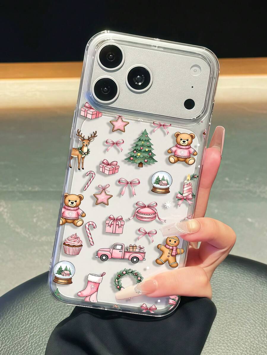 1pc Christmas Watercolor Cartoon Bow Teddy Bear Gingerbread Man Christmas Tree Gift Box Crystal Ball Candy Cane Pattern Design, Compatible With Iphone 18 Pro Max Phone Case, Suitable For Phone 16 Pro Max, 15 Pro Max, 14 Pro Max High-End Fashion Fun Phone Case, Suitable For 11/12/13/14/15/16/17 Pro Max Plus Elegant Design Unisex, Perfect Gift For Friends, Holiday, Birthday, Daily, Anniversary For Besties! - Clear - View 1