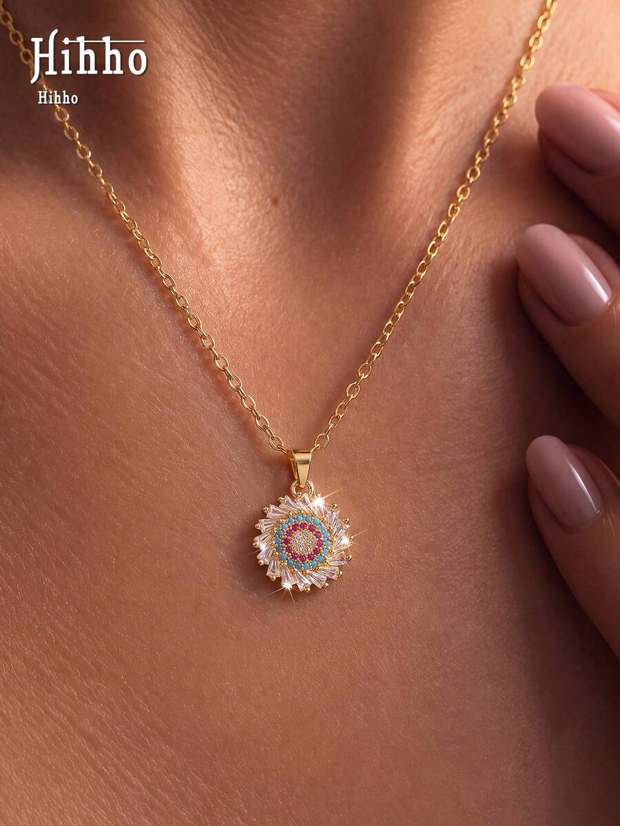 Hihho 1pc European & American Style Colorful Rhinestone Sunflower Necklace, Gold & Silver Dual Tone Women's Party Accessory Gift - Sunflower - View 1