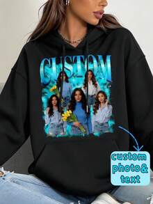 Custom Photo Hoodie, Plus Size Personalized Retro Rap Graphic Hooded Sweatshirt, DIY Custom Birthday Gift Pullover - Black - View 2