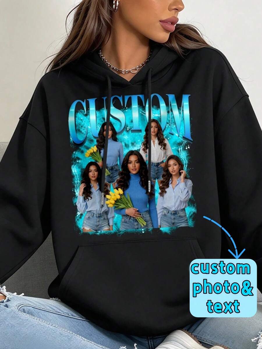 Custom Photo Hoodie, Plus Size Personalized Retro Rap Graphic Hooded Sweatshirt, DIY Custom Birthday Gift Pullover - Black - View 1