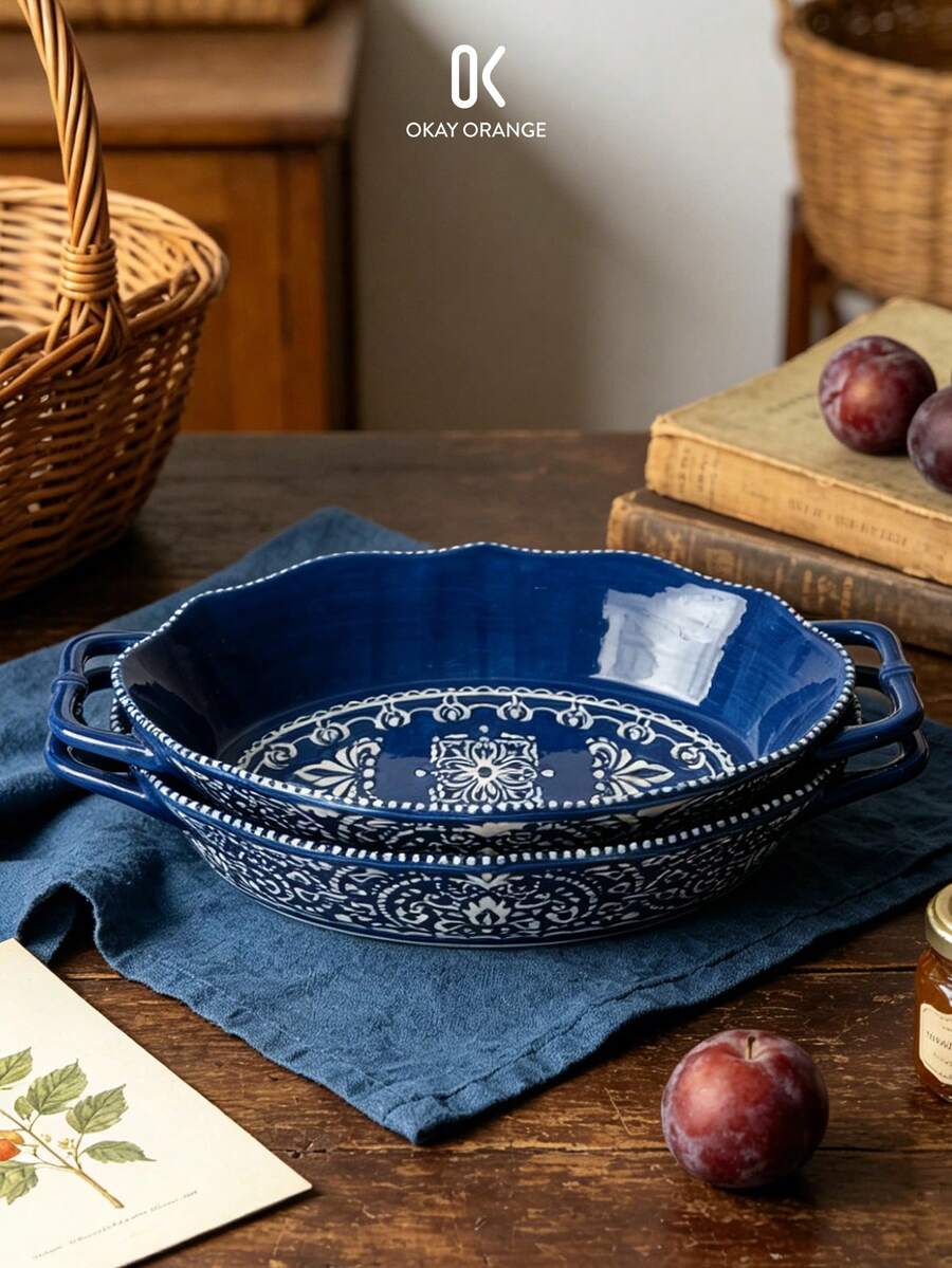 Baroque Embossed Deep Blue Oval Ceramic Baking Dish With Dual Handles, 12.5 & 14.5 Inch Oven Casserole Baking Cookware, Microwave , Suitable For Lasagna, Roasting And Home Cooking - View 1