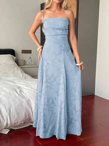 Unadoll Women's Autumn Blue Floral Jacquard Long Dress, Spaghetti Strap Tie Back Open Back A-Line Maxi Dress, Suitable For Back To School, Wedding Guest, Party And Date Night - Blue - View 3