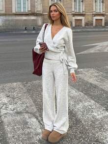 Women's Ribbed Knit Wrap Sweater And Wide Leg Pants Set, Fashionable Autumn Winter Spring Outfit, Medium Stretch, Light Gray Autumn Style - Light Grey - View 1