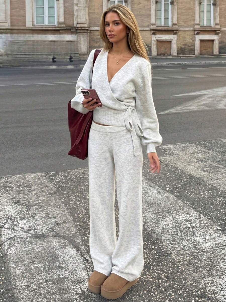 Women's Ribbed Knit Wrap Sweater And Wide Leg Pants Set, Fashionable Autumn Winter Spring Outfit, Medium Stretch, Light Gray Autumn Style - Light Grey - View 1