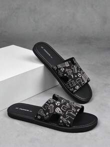 Men's Fashion Slippers, Lightweight Non-Slip Open Toe Single Strap Flat Slides, Football Sports Print Single Strap Flat Slippers, Casual Home Bathroom All-Season Sandals, EVA Soft Sole Slides, Men's Versatile Slippers - Black - View 1