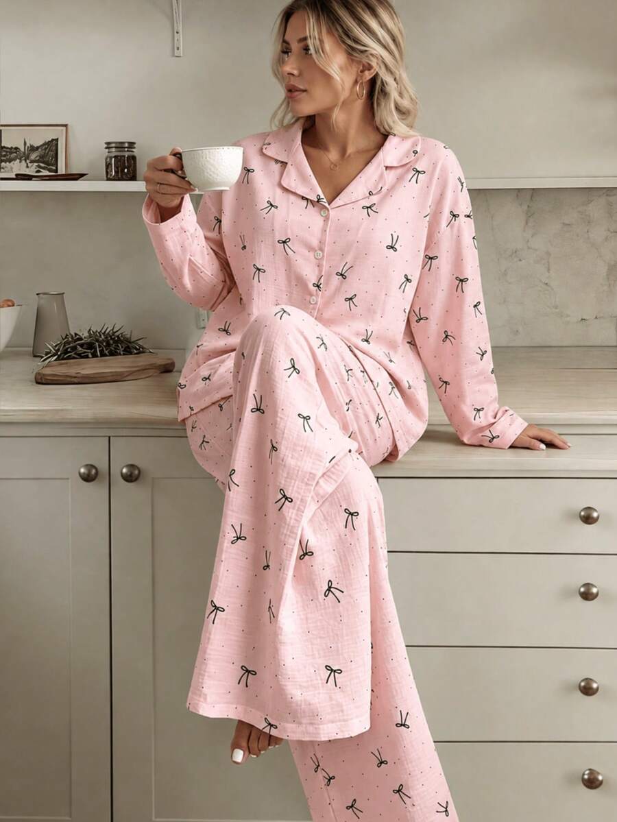 Nina Bonheur 2pcs Women Loose Comfortable Breathable Long Sleeve Top And Long Pants Pajama Set
