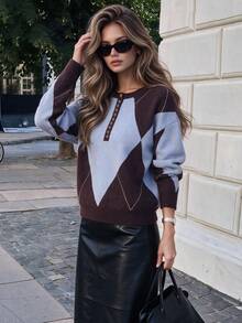 Women's Autumn Argyle Knit Crew Neck Half-Button Colorblock Long Sleeve Pullover, Casual Autumn Wear, Suitable For Outings And Daily Wear - Multicolor - View 1