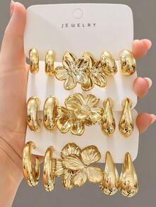 3-9 Pairs Thick Gold Plated Earrings Set, Women's Low-Allergy Thick Gold Earrings, Multi-Element New Fashion Earrings Set - Gold - View 1