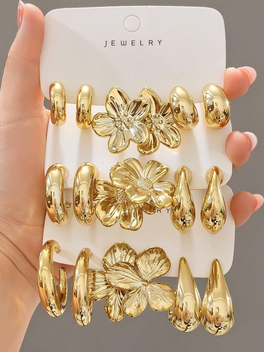 3-9 Pairs Thick Gold Plated Earrings Set, Women's Low-Allergy Thick Gold Earrings, Multi-Element New Fashion Earrings Set - Gold - View 1