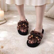 Women's Leopard Print Plush One-Strap Slides, Beaded Bow Decor Open Toe Fuzzy Slippers, Thick Soft Sole Bedroom Warm Slippers Beach Bow Home - Leopard Print - View 8