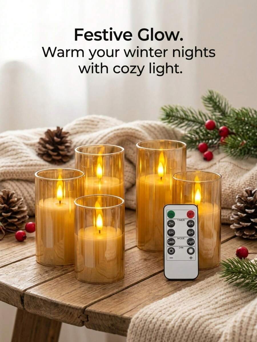 4pcs Set Gold Vertical Ribbed Remote Control LED Electronic Candles, Realistic Flickering Flame, Timer Dimmable, Smokeless Desktop Atmosphere Decor Candle Light Set For Home Living Room New Year Christmas Holiday - Gold Stripes - View 1