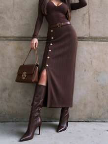 DONICY Women's Autumn Coffee Color Ribbed Knit Mid-Length Skirt, High Waist Side Metal Buckle Slit Slim Fit Pencil Skirt, Winter (No Belt) - Coffee Brown - View 10