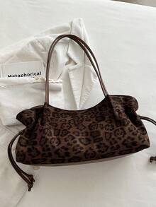 1PC Soft Leopard Print Tote Bag, Knotted Rope Decor, Gentle Girl Style Commuter Handbag Design, Underarm Bag, Women's Versatile College Style Commuter Backpack, Soft Long Tote Bag With Double Handles Shoulder Bag - Brown - View 9