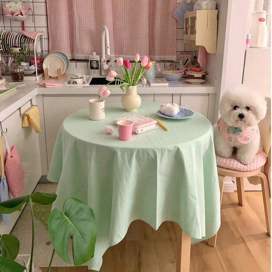 1pc Mint Green Solid Color Square Tablecloth, INS Cream Style Minimalist Fresh Dining Table Cloth, Home Round Table Dust Cover - Multicolor - View 1