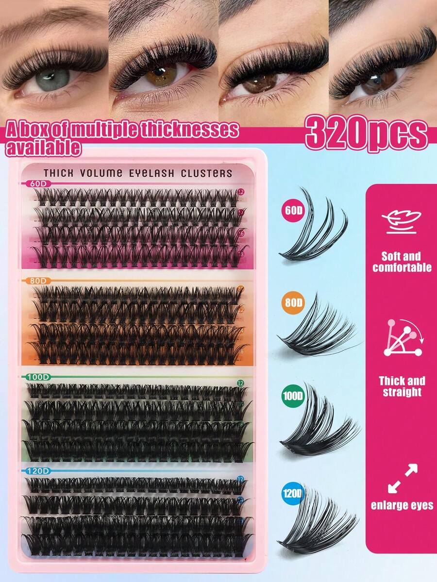 320pcs Individual Cluster False Eyelashes, C‑Curl 60D 80D 100D 120D, Mixed Length 12‑16mm, Soft Faux‑Mink Fibre, DIY Home Makeup Lashes, Fluffy Segmented Lash Clusters For Daily & Party Makeup