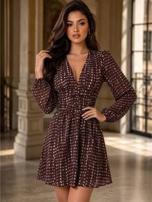 Da Jade Women's Elegant Deep V-Neck A-Line Short Dress, Long Sleeve Casual Party Ruffle Woven Dress, Suitable For Autumn - Burgundy - View 2