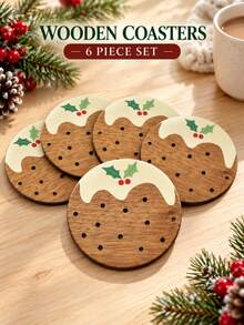 6pcs/Set Christmas Themed Round Wooden Coaster, Festive Heat-Resistant Cup Mat And Table Protector For Coffee Mugs, Tea Cups And Drinks, Decorative Holiday Tableware For Kitchen, Dining Table, Christmas Party And Home Decor - View 8
