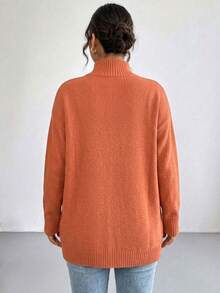 Plus Size Women Solid Color Mid-Length Knit Cardigan Sweater Jacket, Loose Fit, Slimming, Warm, Flattering, Versatile - Orange - View 8