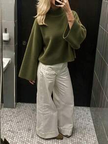 聖誕綠高領毛衣復古喇叭袖針織衫女款復古鐘形袖高領寬鬆套頭衫時尚節慶上衣 - 軍綠色 - 查看 4
