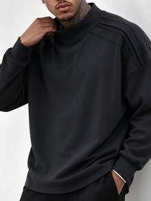 Men's Autumn/Winter Outdoor Base Layer T-Shirt, Dropped Shoulder, New Style, Semi-High Neck, Long Sleeve, Thickened Pullover, Solid Color, Sports Fashion T-Shirt Top - Black - View 2