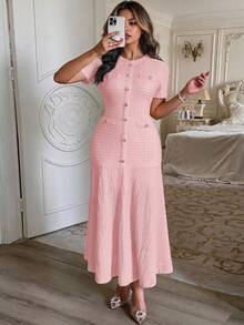 Unadoll Women Fall Light Pink Textured Midi Dress, Round Neck Faux‑Button Mermaid Dress, Chic Short Sleeve For Back To School & Party Daily Wear - Baby Pink - View 10