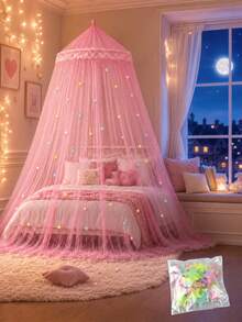 Round Dome Mosquito Net Canopy Set With Random Color Glow Star Stickers, Fine Mesh Hanging Bed Curtain, Soft Flowing Bedroom Decor, Elegant Colors Available - Multicolor - View 1
