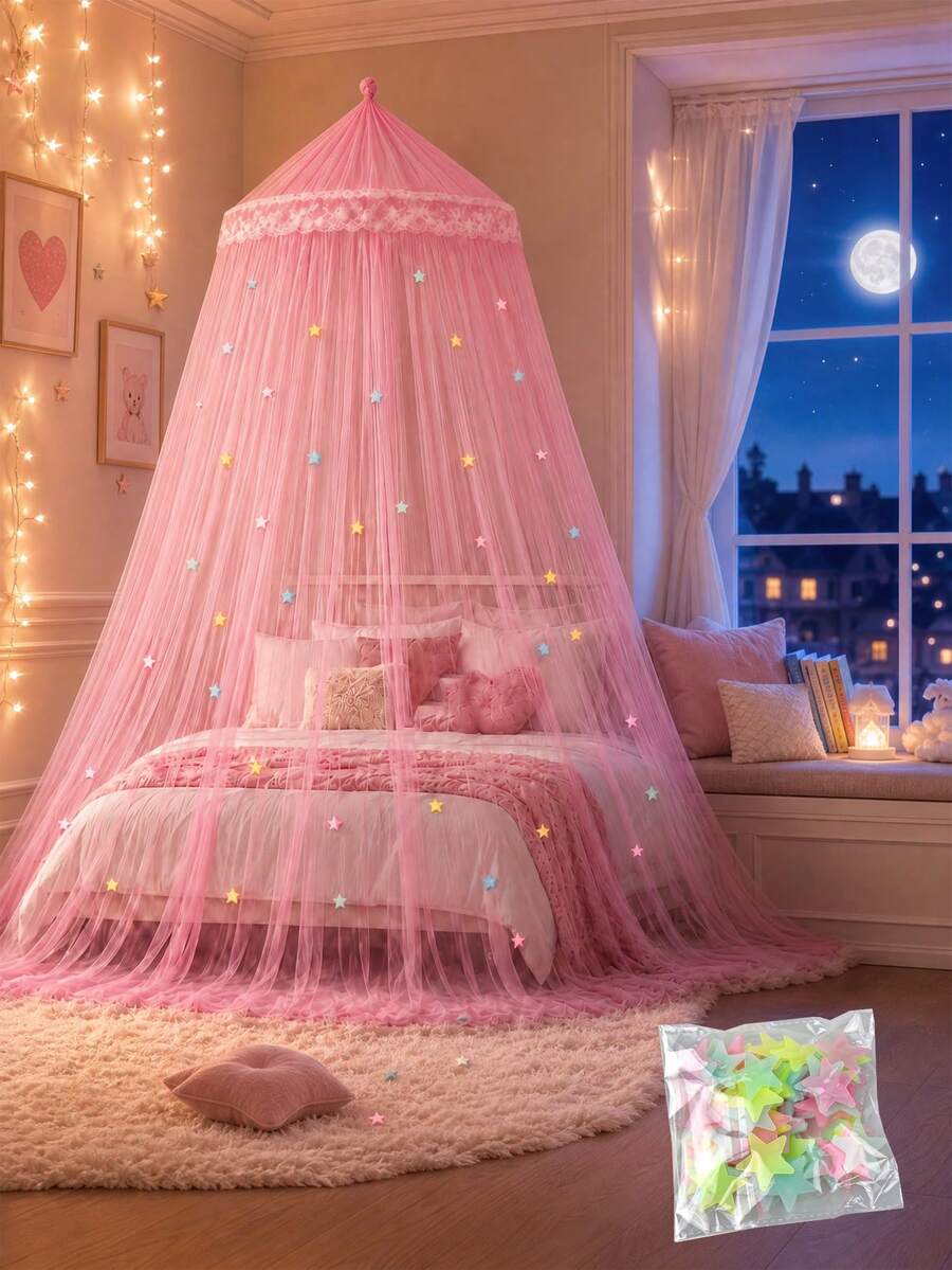 Round Dome Mosquito Net Canopy Set With Random Color Glow Star Stickers, Fine Mesh Hanging Bed Curtain, Soft Flowing Bedroom Decor, Elegant Colors Available - Multicolor - View 1
