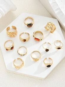 12/5pcs Fashion Luxury Vintage Tiger Eye Stone Open Ring Set, Designer Ins Style Metal Glossy Wrinkled Finger Rings, Suitable For Party, Vacation, Gift For Friends And Family, Daily Wear - Yellow Gold - View 3