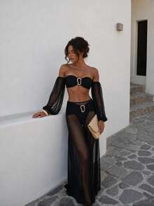 Women's Slim Fit Elegant Bandeau High Waist Bikini With Sheer Maxi Skirt And Metal Ring Decor, Suitable For Spring And Summer - Black - View 2