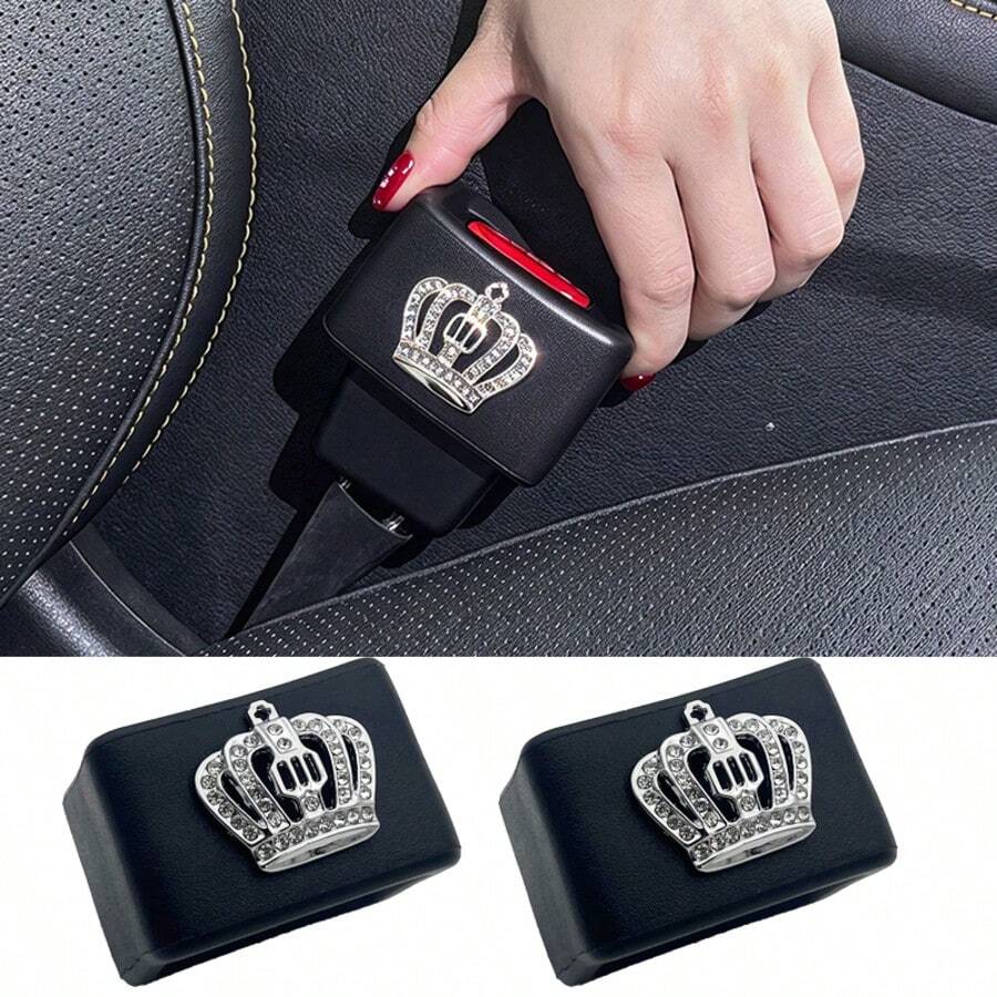 1pc/2pcs Creative Bling Crown Pattern Car Seat Belt Base Protector Cover, Shiny Rhinestone Car Seat Belt Base Protective Cap, Anti-Collision Anti-Scratch, Car Interior Decoration Auto Accessories - Creative Crown Pattern - View 1