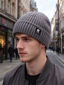 1pc Unisex Solid Color Ribbed Knit Hat With Letter R Patch, Elastic Casual Autumn/Winter Beanie - Letter R - View 3