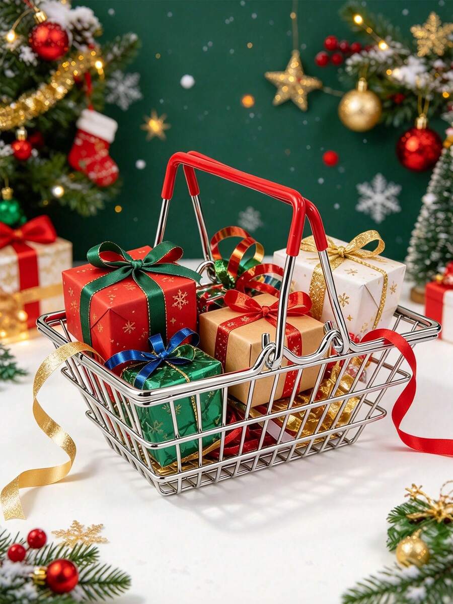 Mini Metal Wire Mesh Shopping Basket, Small Rectangular Desktop Storage Caddy With Red Rubber‑Coated Foldable Handle, Open‑Top Hollow Organizer Holder For Stationery Tiny Trinkets Photo Prop For Home Desk Decor, Christmas Essential