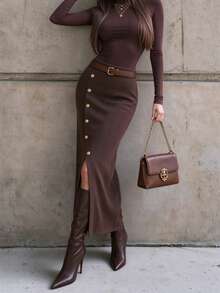 DONICY Women's Autumn Coffee Brown Ribbed Knit Midi Pencil Skirt, High Waist Side Metal Buckle Detail Slit Slim Fit Bodycon - Coffee Brown - View 5