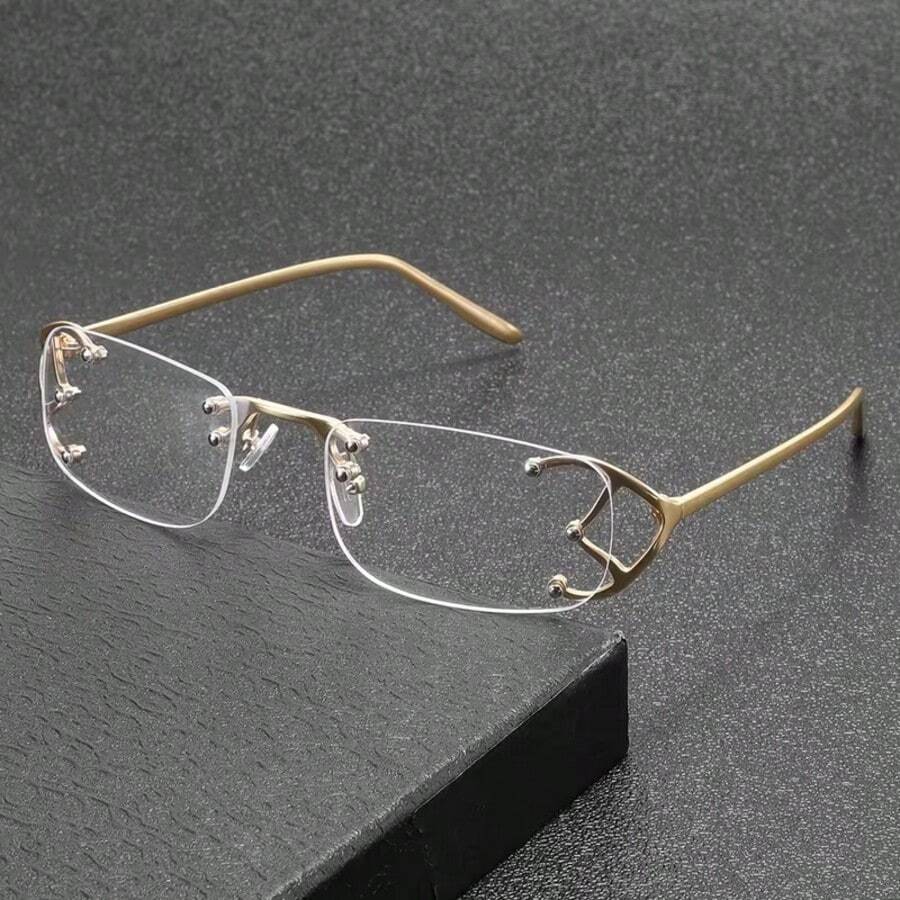 1 Pair Unisex Metal Rimless Hollow Square Y2K Fashion Non-Prescription Glasses, Designer Style, Suitable For Fashion Outfits, Party Gatherings, Computer Work, Daily Decorative Wear - Clear - View 1
