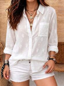 Women's Solid Embroidered Cotton Collared Long Sleeve Button Front Pocket Shirt Business Office Home Vacation Daily Holiday Spring Summer Fall Winter - White - View 8